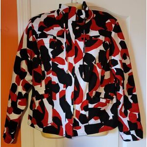 Chicos Artsy‎ Zippered Jacket Red, Black & White Geometric Size 1